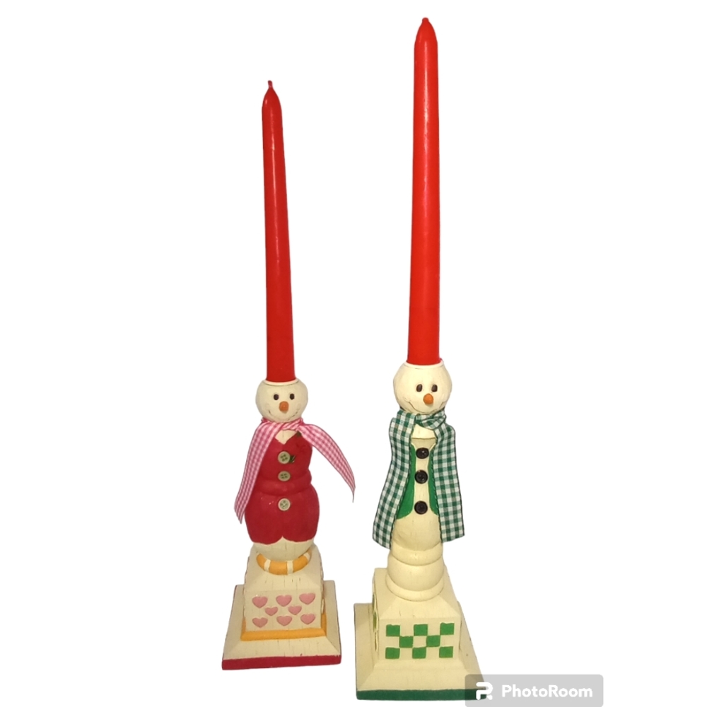 Set of 2 Wood Avon Green & Red Hand Pained Country Snowman's Candleholders